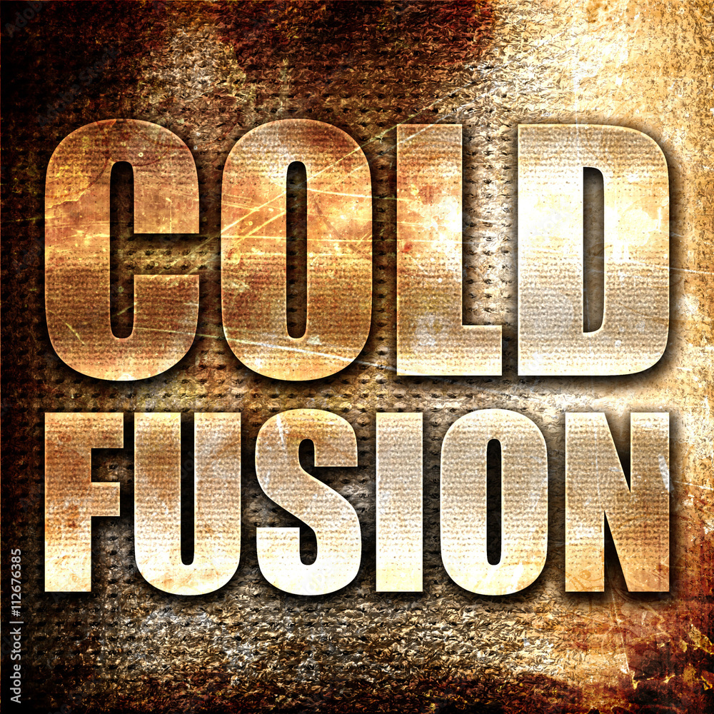 cold fusion, 3D rendering, metal text on rust background cold fusion, 3D rendering, metal text on rust background