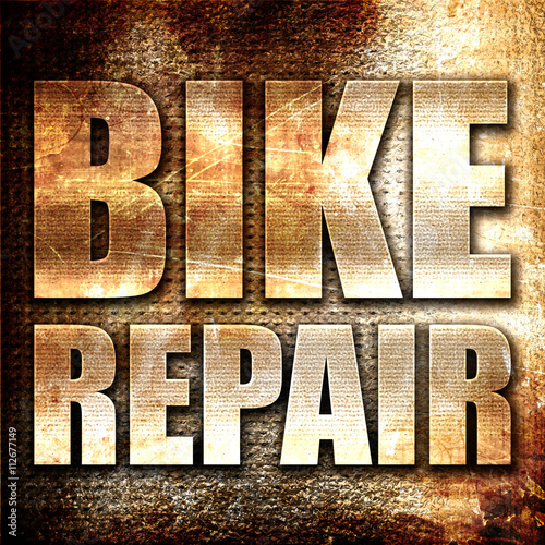 bike repair, 3D rendering, metal text on rust background