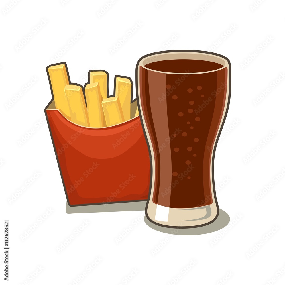 Glass of cola and french fries potato in red paper Box. Isolated on white background with shadow. Glass of cola and french fries potato in red paper Box. Isolated on white background with shadow.