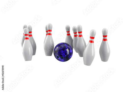 Bowling Ball crashing into the pins. 3D rendering