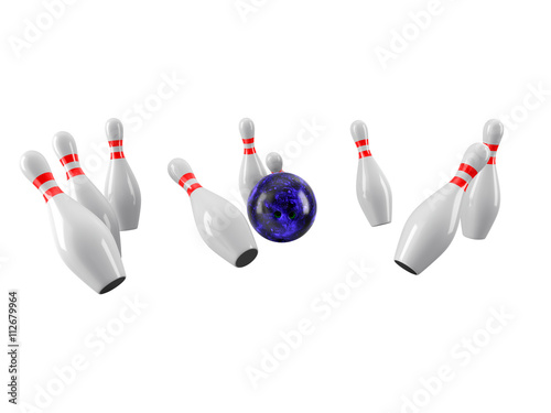 Bowling Ball crashing into the pins. 3D rendering