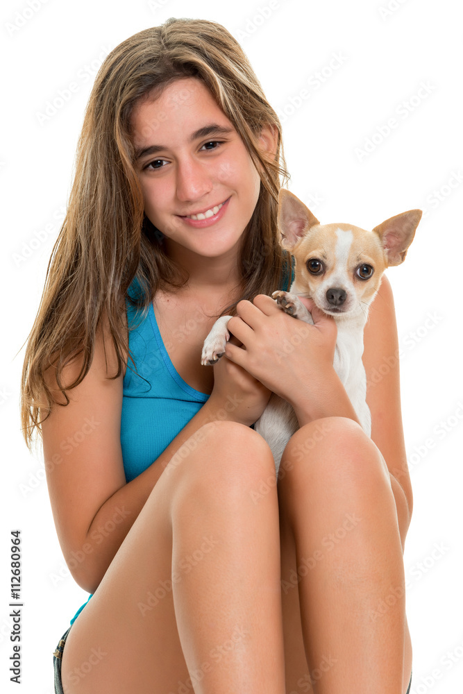 Pretty teenage girl and her small chihuahua dog Pretty teenage girl and her small chihuahua dog