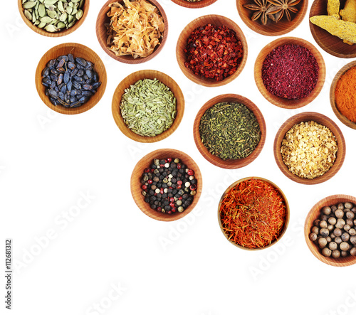 Set of different spices with copy space for text, isolated on white