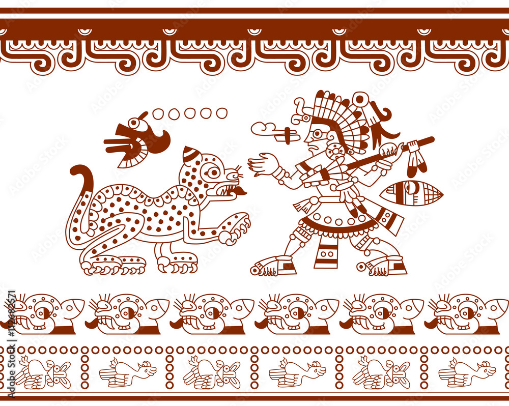 Naklejka premium aztec pattern on brown color with jaguar, warrior 