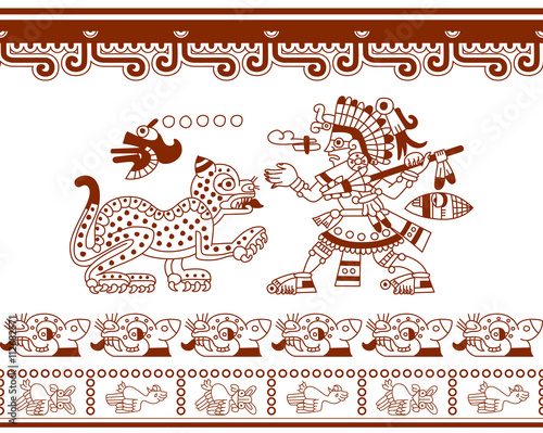 aztec pattern on brown color with jaguar, warrior 