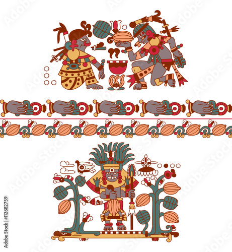  aztec pattern cacao tree, mayans, cacao beans and decorative bo