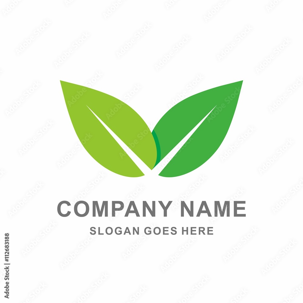 Two Organic Green Leaf Nature Farm Vector Logo Template