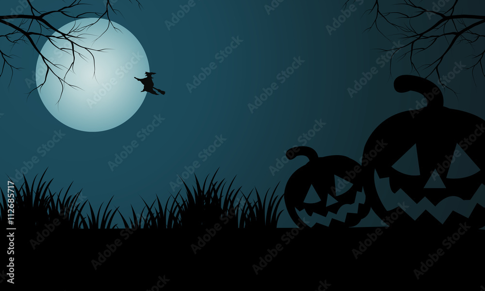 Silhouette of Halloween pumpkins and witch