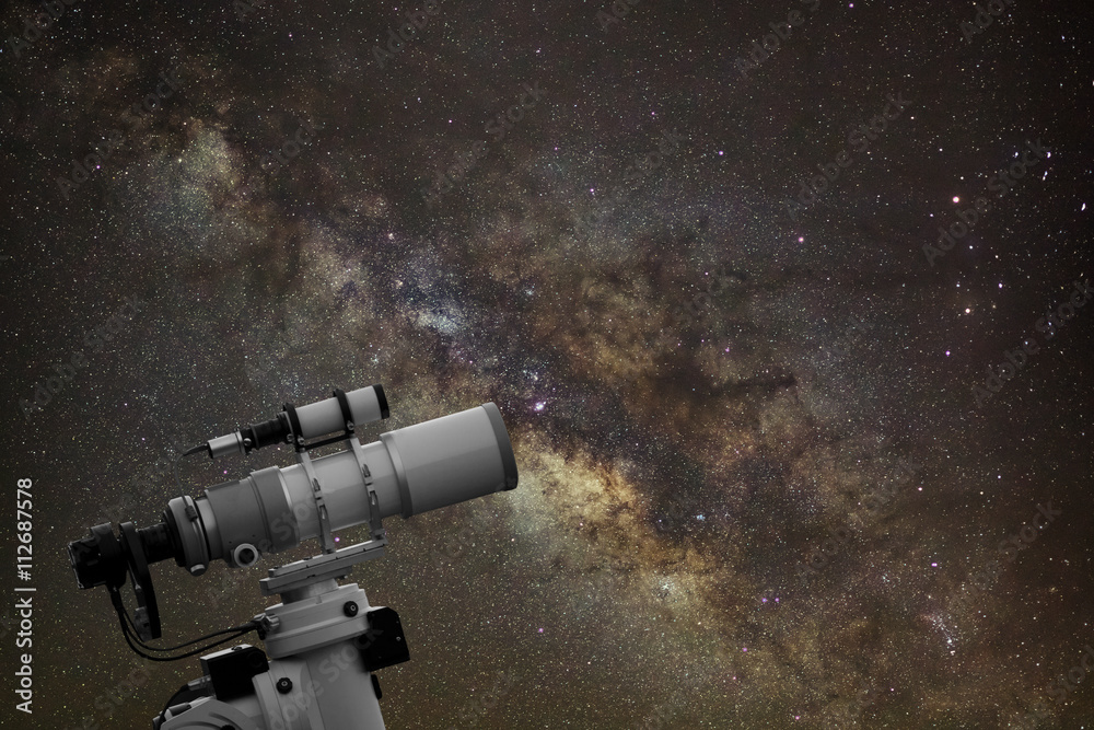 Telescope watching the milky way galaxy on night sky Telescope watching the milky way galaxy on night sky