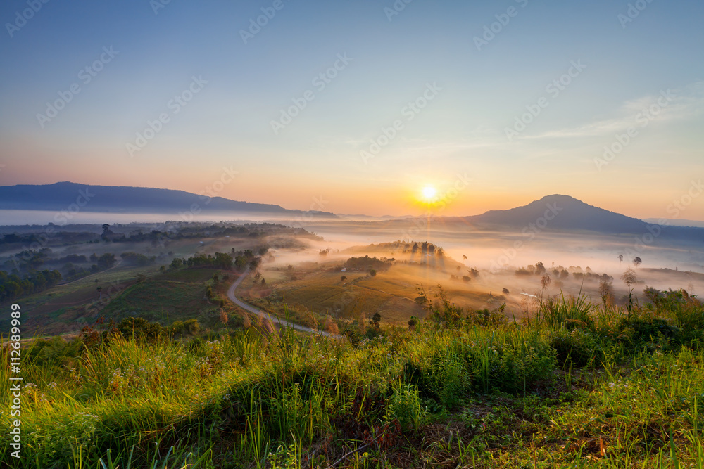 Beautiful misty morning sunrise in Khao Takhian Ngo View Point a
