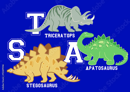 Dinosaurs letters Triceratops, Apatosaurus and Stegosaurus