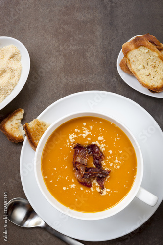 Pumpkin Soup with Pancetta Parmesan and Garlic Bread Top View