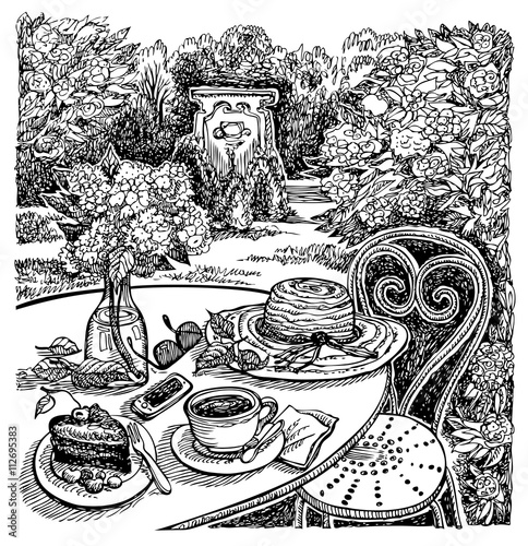 Summer afternoon. Coffee time. Vector hand drawn graphic illustration.