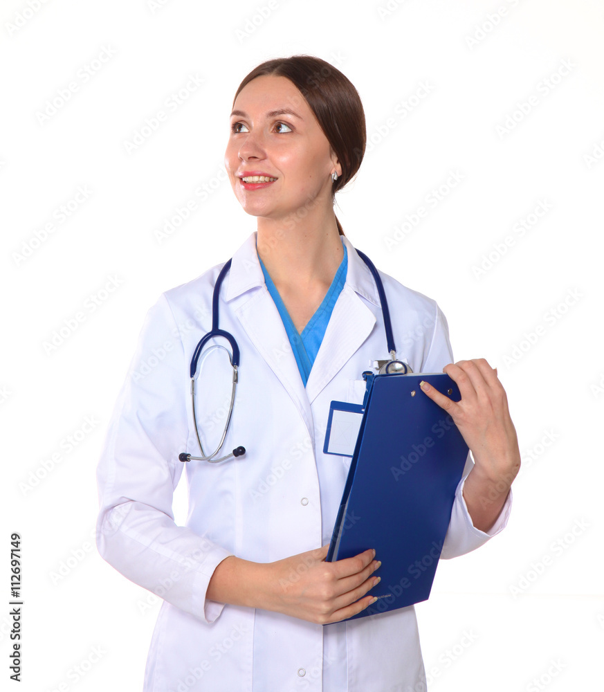 Beautiful general practitioner is working with joy. She is standing with a folder of documents in her hand Beautiful general practitioner is working with joy. She is standing with a folder of documents in her hand