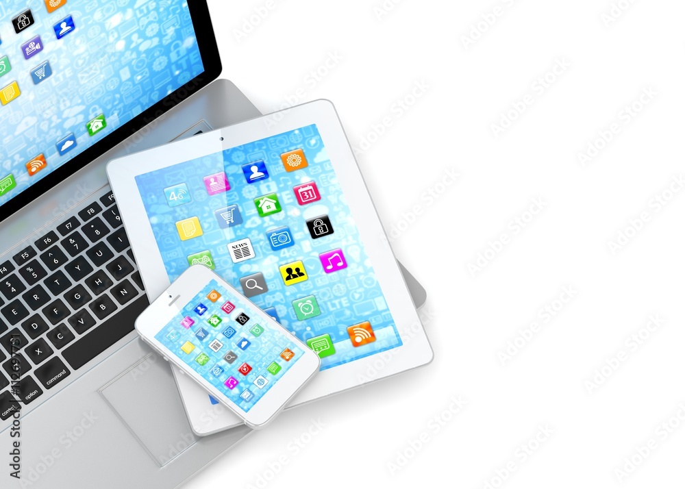 Laptop, phone and tablet pc. 3d rendering.