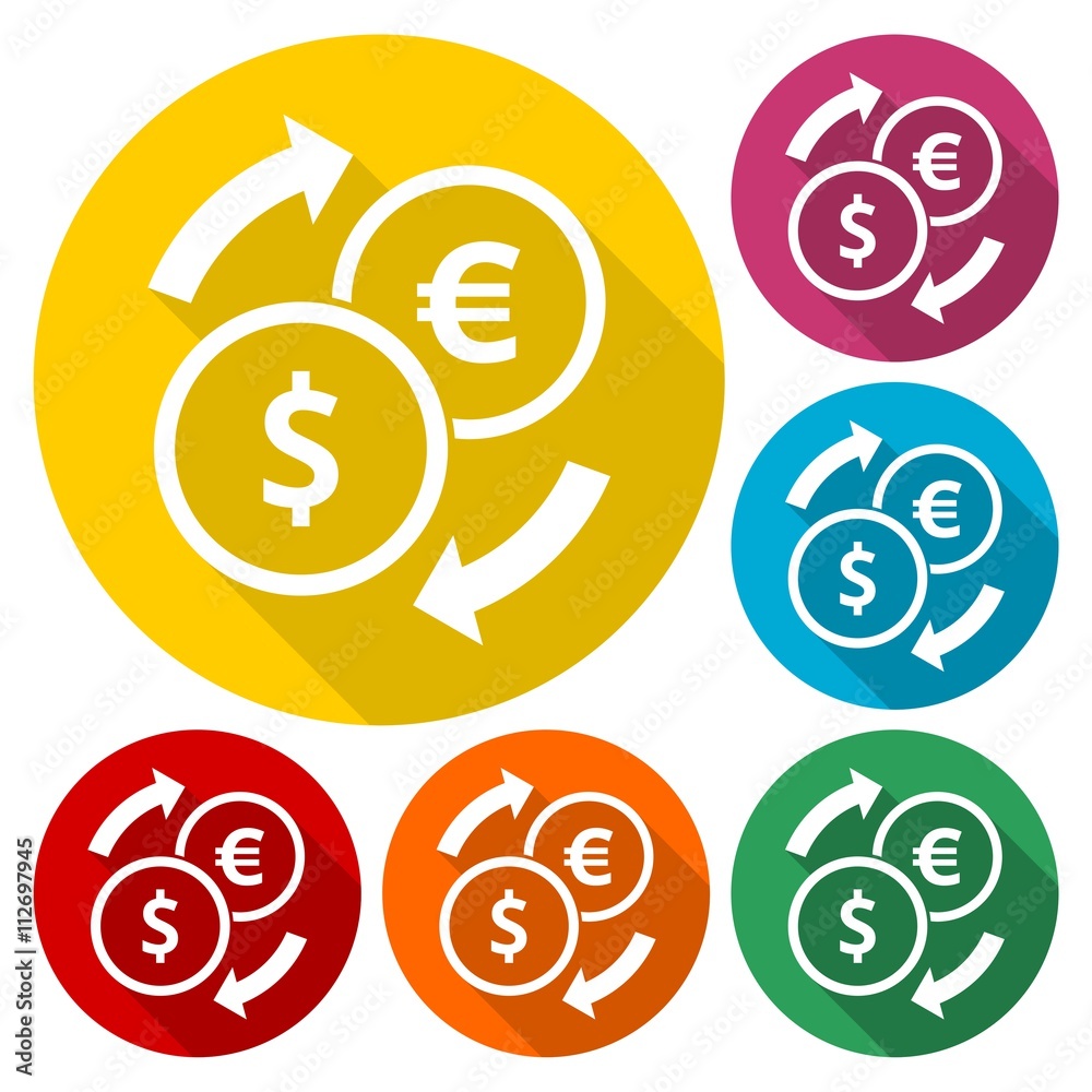Set of Dollar Euro exchange color icons set with long shadow