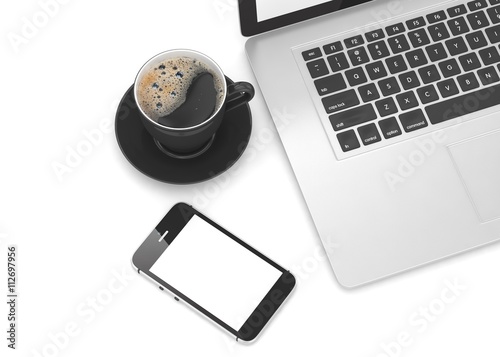Laptop smartphone and coffee cup. 3d rendering.