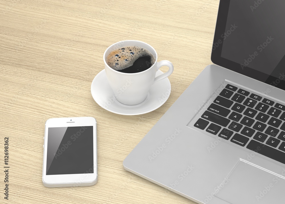 Laptop smartphone and coffee cup on wood. 3d rendering. Laptop smartphone and coffee cup on wood. 3d rendering.