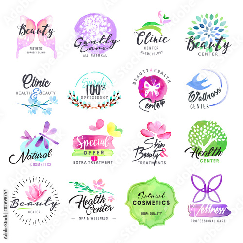 Set of hand drawn watercolor labels for beauty and cosmetics. Vector illustrations for graphic and web design, for cosmetic products, skin care, makeup, beauty center, spa and wellness.