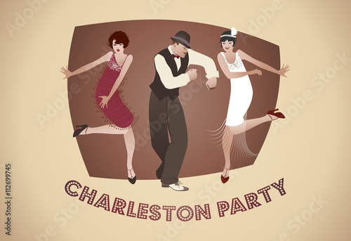 Charleston Party. Man and funny girls dancing charleston.