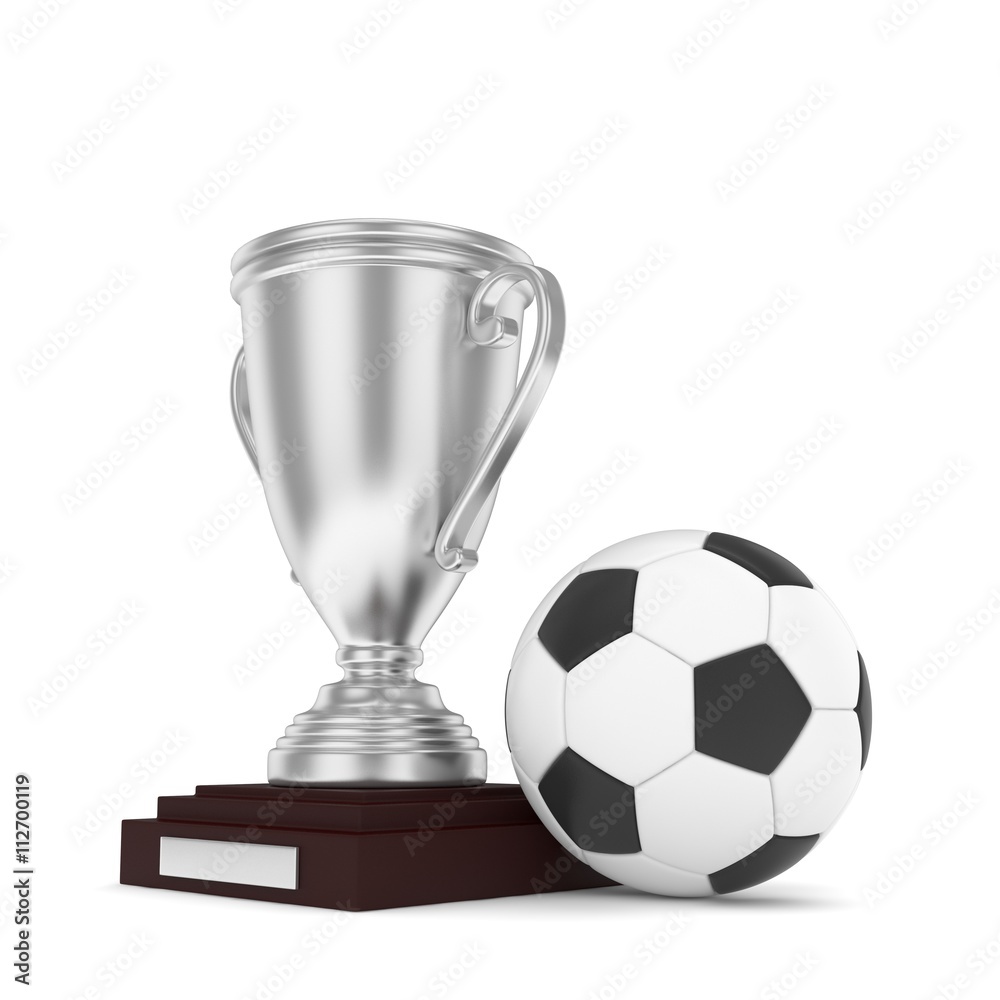 Isolated silver cup with ball on white background. Soccer and football. Second place trophy. Game and competition. 3D rendering Isolated silver cup with ball on white background. Soccer and football. Second place trophy. Game and competition. 3D rendering