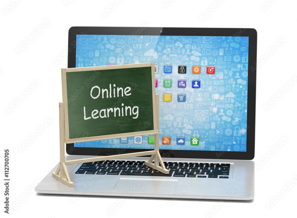 Laptop with chalkboard, online education concept. 3d rendering. Laptop with chalkboard, online education concept. 3d rendering.