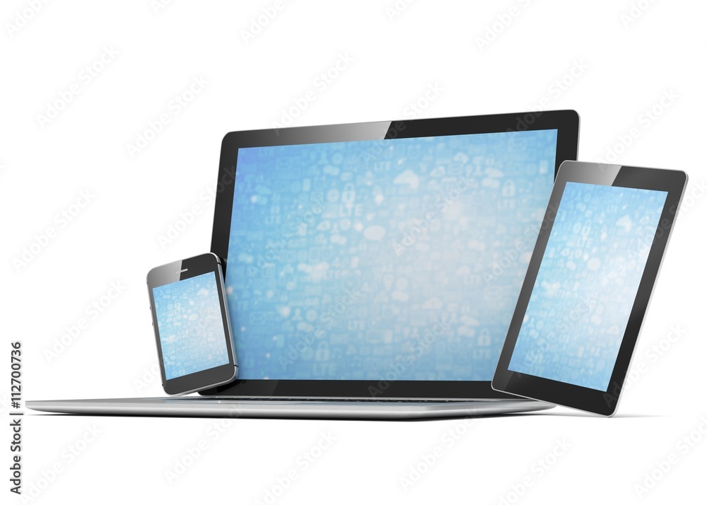 laptop, tablet, phone, on white. 3d rendering. laptop, tablet, phone, on white. 3d rendering.