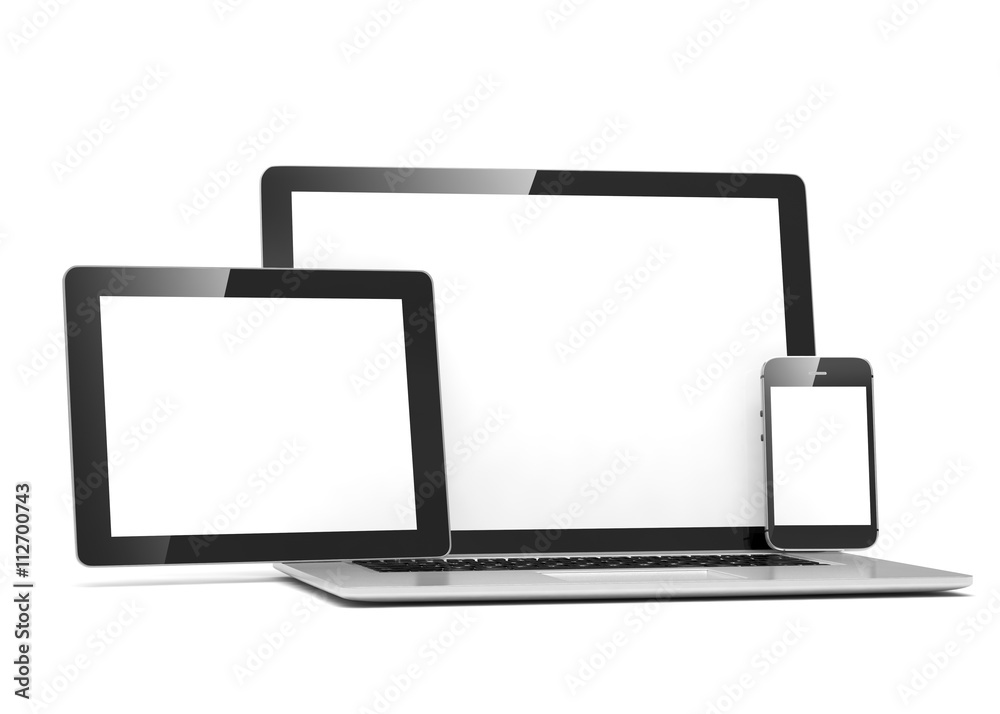 laptop, tablet, phone, on white. 3d rendering. laptop, tablet, phone, on white. 3d rendering.