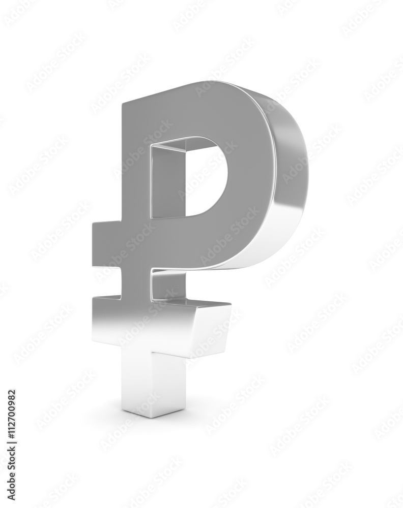 Obraz premium Isolated silver ruble sign on white background. Russian currency. Concept of investment, russian market, savings. Power, luxury and wealth. Russia, Belarus. 3D rendering.