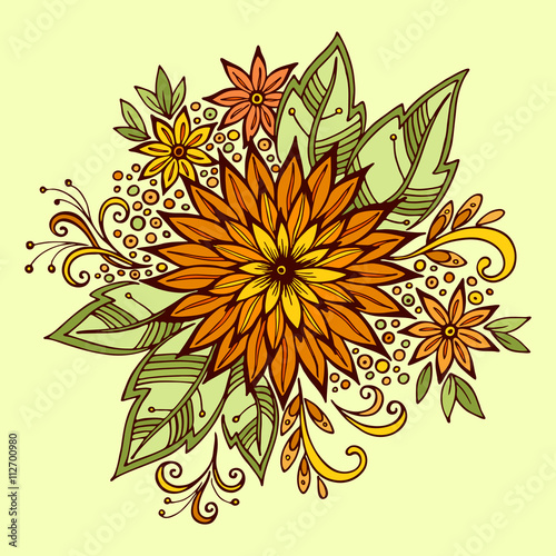 Pattern, Symbolic Colorful Flowers and Leafs, Floral Ornament. Vector