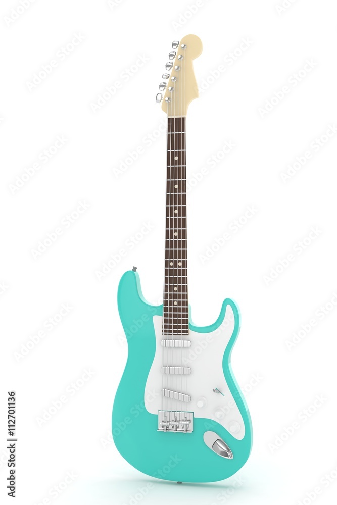 Obraz premium Isolated turquois electric guitar on white background. Musical instrument for rock, blues, metal songs. 3D rendering.