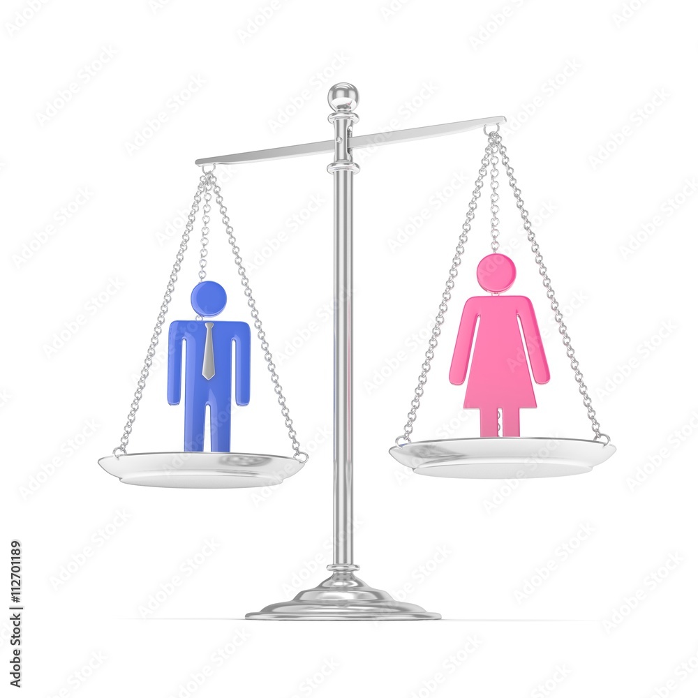 Isolated old fashioned pan scale with man and woman on white background. Gender inequality. Equality of sexes. Law issues. Colorful model. 3D rendering. Isolated old fashioned pan scale with man and woman on white background. Gender inequality. Equality of sexes. Law issues. Colorful model. 3D rendering.