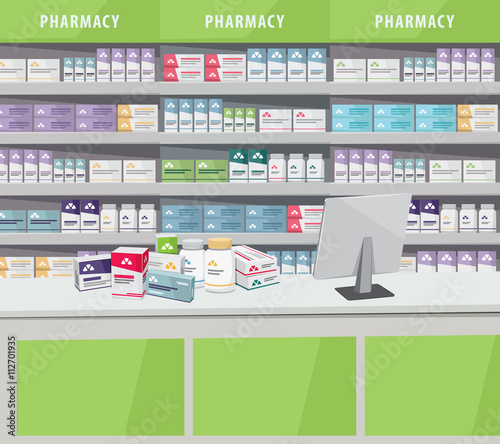 Modern interior pharmacy and drugstore. Sale of vitamins and medications. Cartoon vector simple illustration.