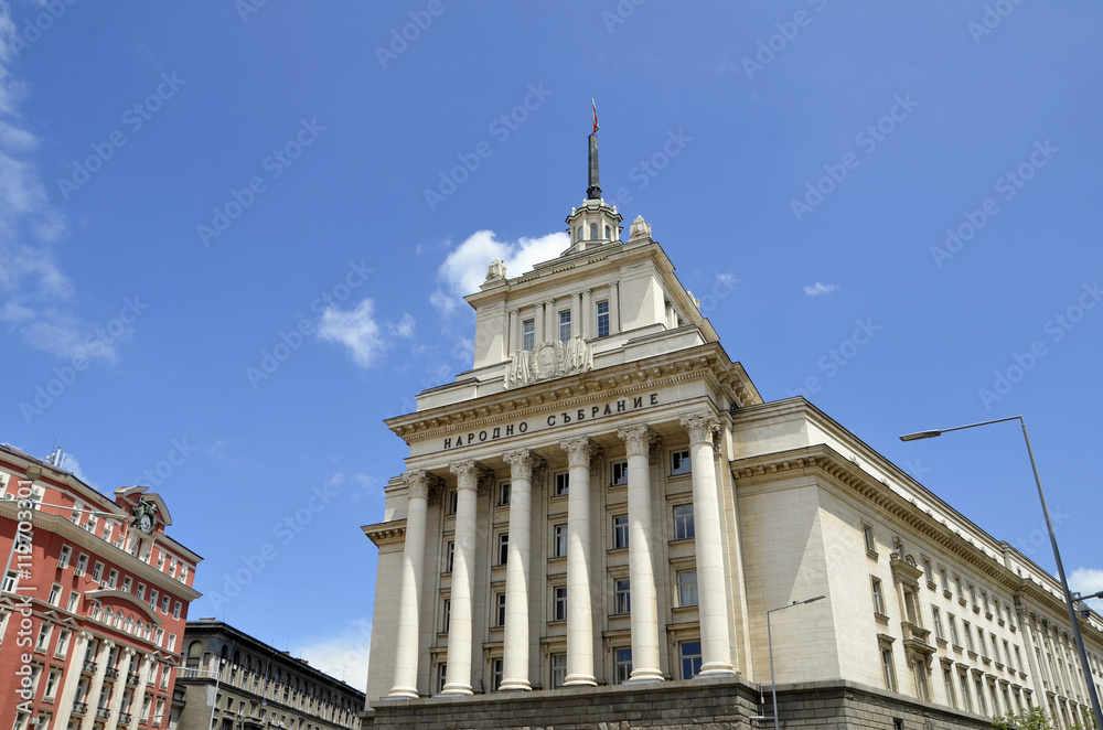 Sofia, Bulgaria - Largo building. Seat of the unicameral Bulgarian Parliament (National Assembly of Bulgaria). Example of Socialist Classicism architecture..