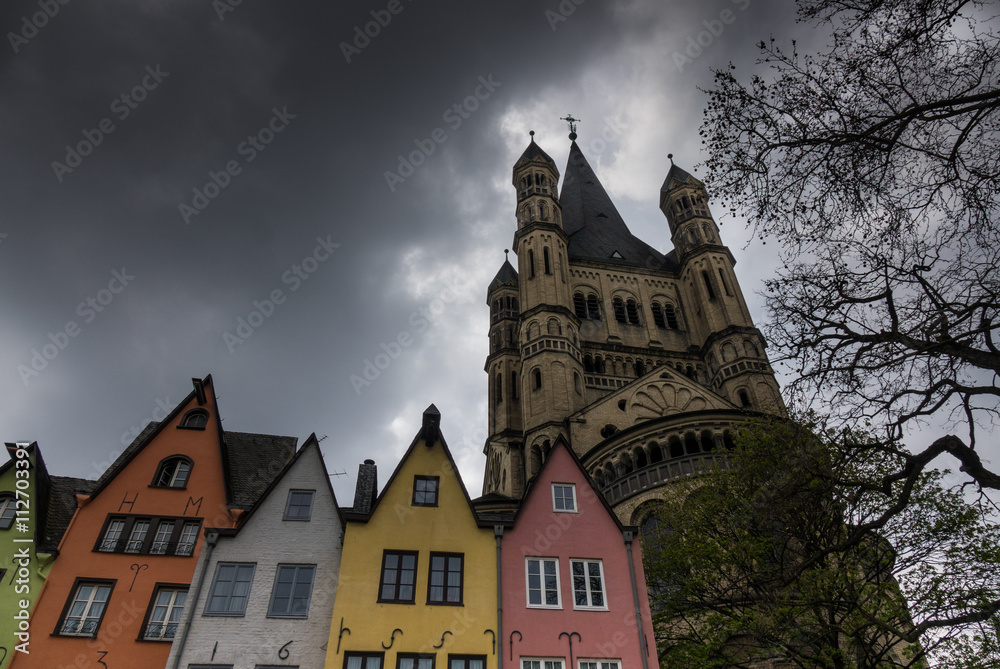 Church of St. Martin and  old houses in the old town in Cologne