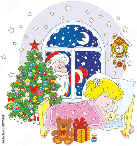 Santa Claus brought his gifts to a little sleeping girl in the night before Christmas