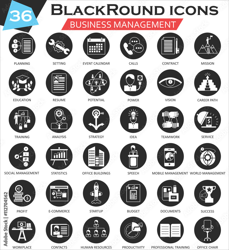 Vector Business management circle white black icon set. Ultra modern icon design for web.