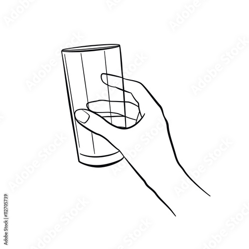 Woman hand holding glass. Kitchen tools. Outline cooking gesture. Cooking hand isolated on white background.
