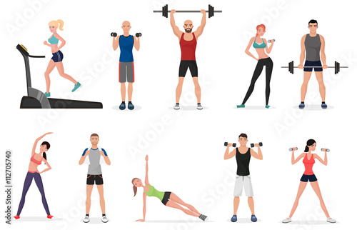 Sport gym people set with dumbbells  barbells and fitness tools. Man and women fitness.