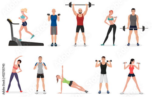 Sport gym people set with dumbbells, barbells and fitness tools. Man and women fitness.
