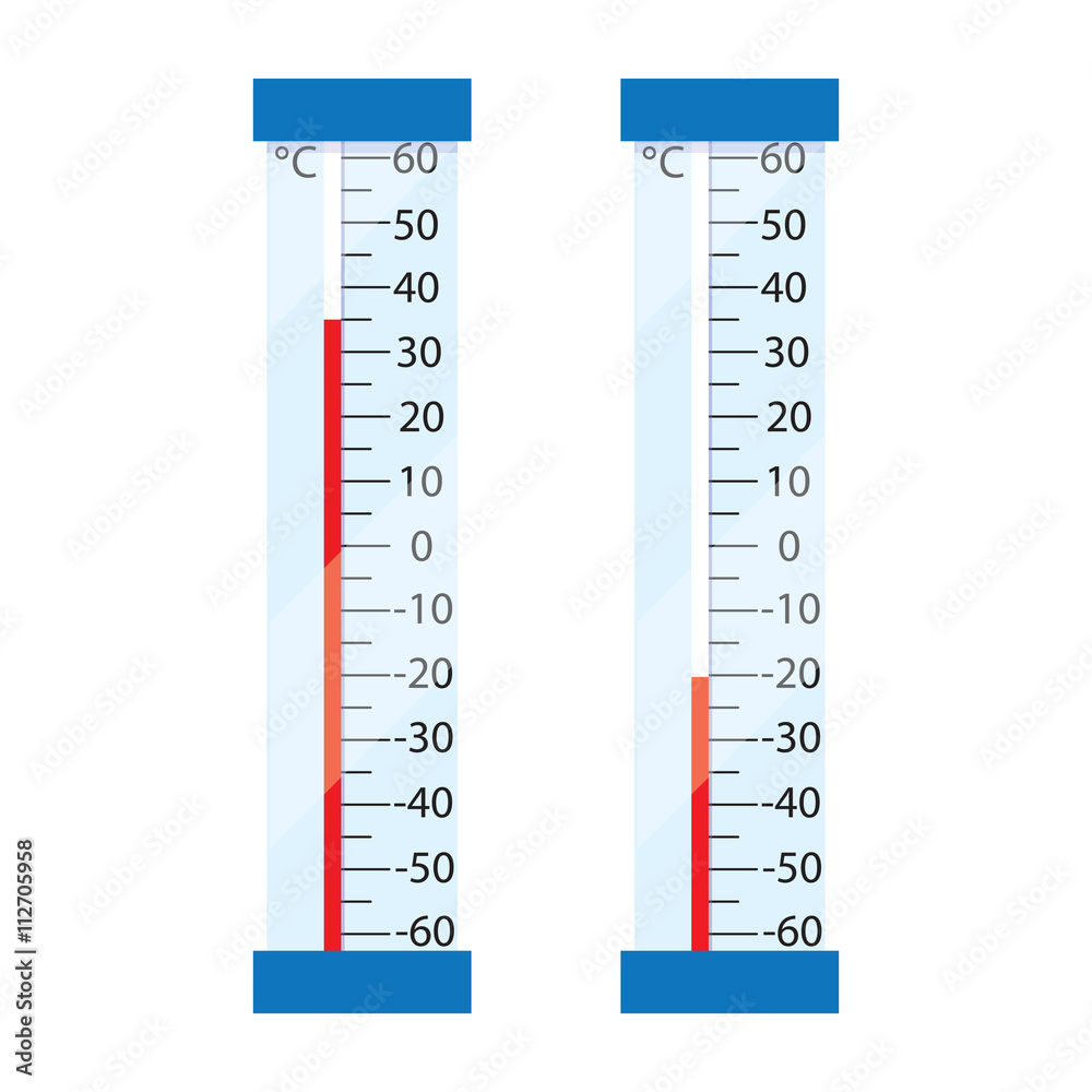 Two street mercury thermometer. Thermometers show the high and low  temperature. Measuring the Celsius temperature. The heat and frost. Vector  illustration. Stock Vector