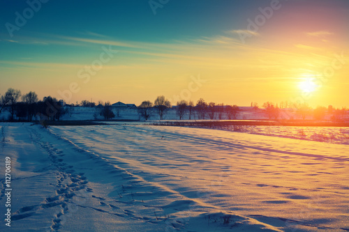 snowy field in winter at sunset