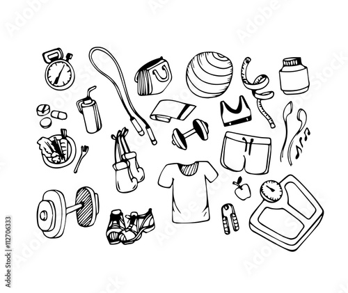 Vector Hand drawn icons set of fitness and sport concept for healthy lifestyle, diet. 