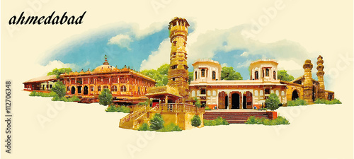 AHMEDABAD city water color panoramic vector illustration