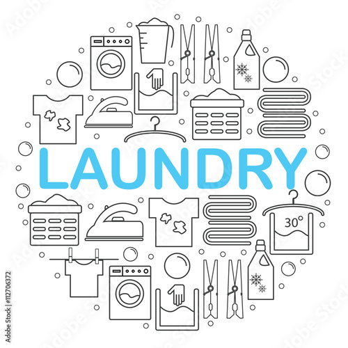 Icons set laundry. Round banner with icons in the style of a laundry line. Icons laundry placed inside a circle on a white background. Vector illustration.