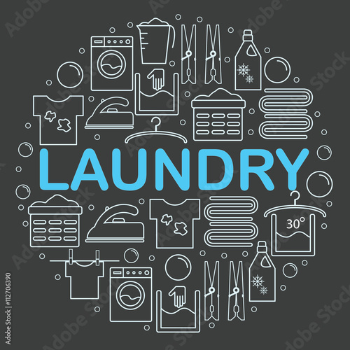 Icons set laundry. Round banner with icons in the style of a laundry line. Icons laundry placed inside a circle on a dark background. Vector illustration.