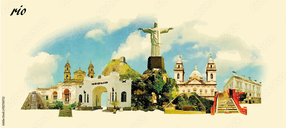 RIO city water color panoramic vector illustration