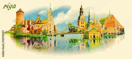 RIGA city panoramic vector water color illustration