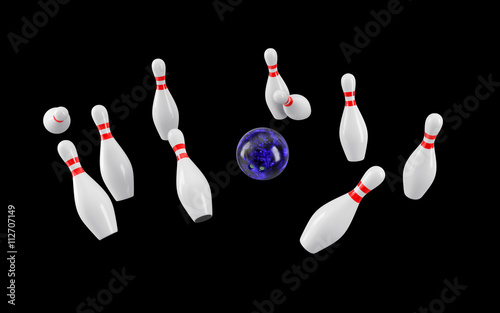Bowling Ball crashing into the pins. 3D rendering