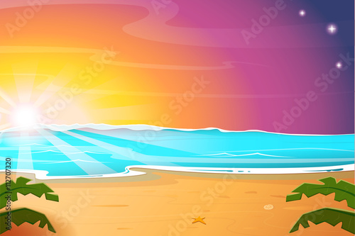 Hot Summer Sunrise on the beach. Summer landscape. Vector illustration